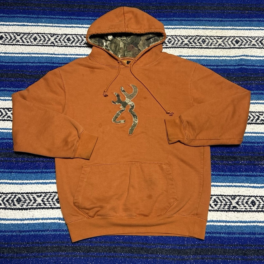 Browning Sportswear Pullover Hooded Heavy Sweatshirt Mens Medium Camo Orange